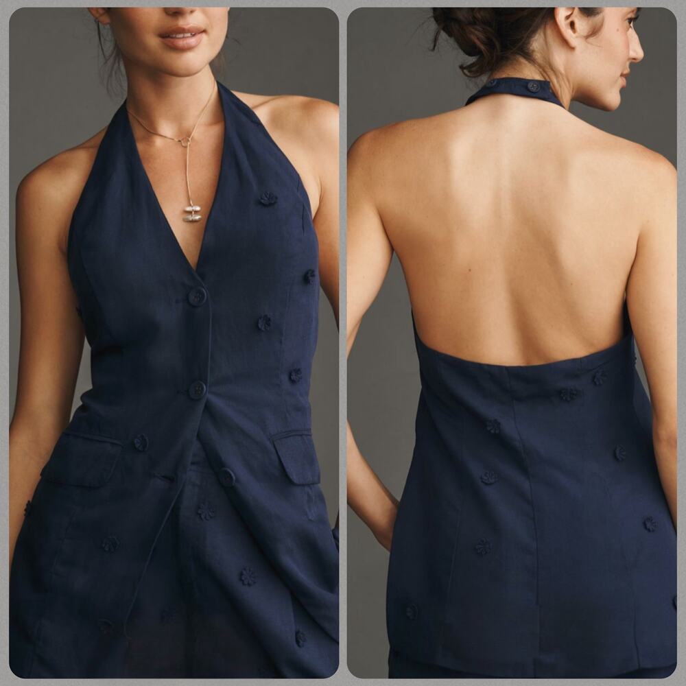 Maeve Navy Linen Blend Floral Detail Halter Vest Top Women's Size XL NEW